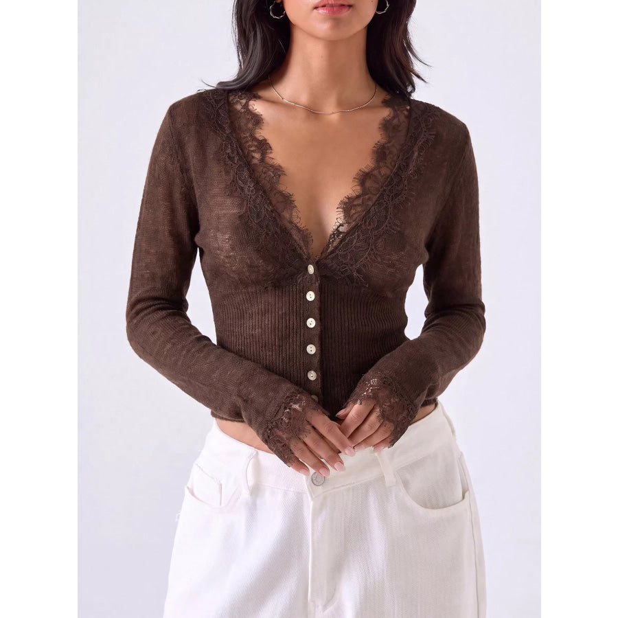 Lace-Trimmed V-Neck Button-Down Cardigan Apparel and Accessories