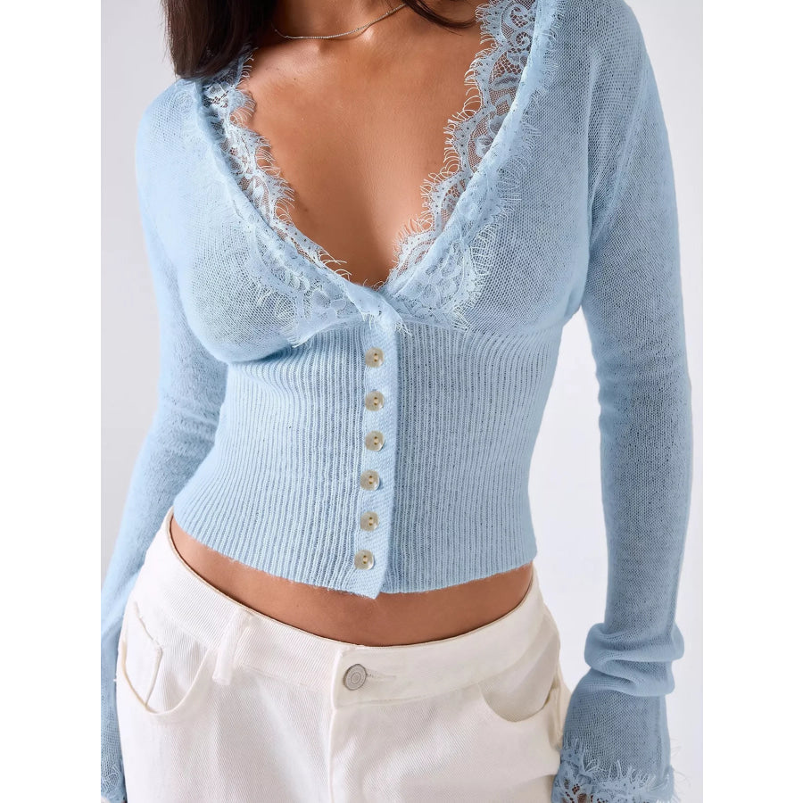 Lace-Trimmed V-Neck Button-Down Cardigan Apparel and Accessories