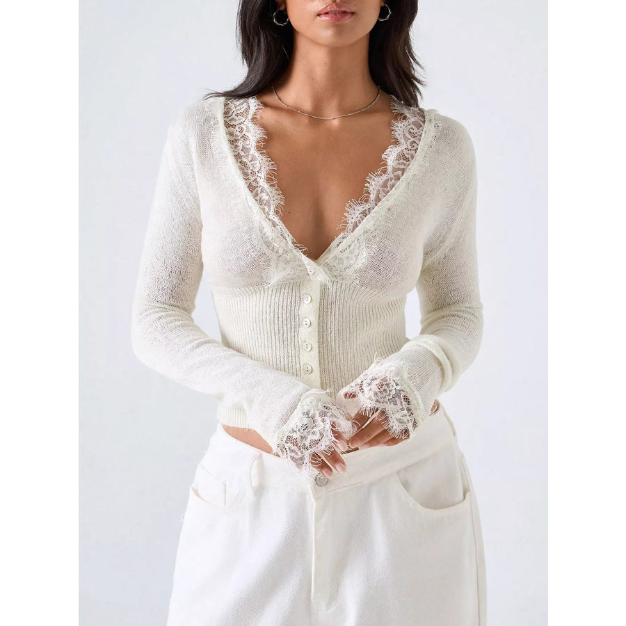 Lace-Trimmed V-Neck Button-Down Cardigan Apparel and Accessories
