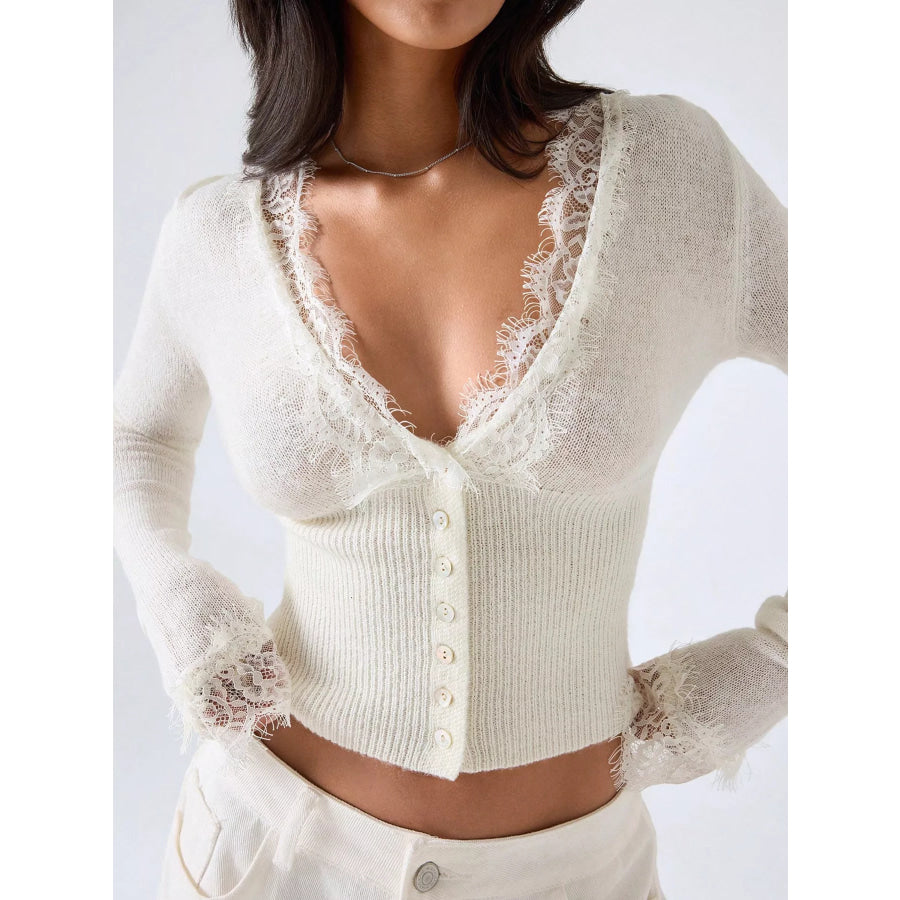 Lace-Trimmed V-Neck Button-Down Cardigan Beige / S Apparel and Accessories