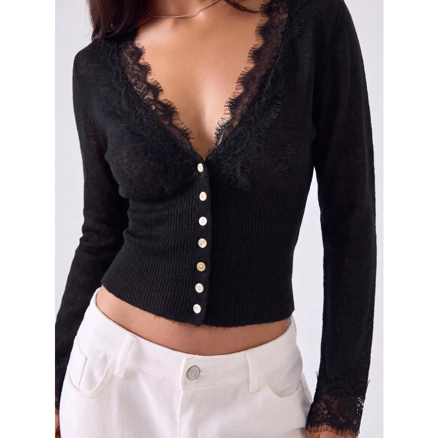 Lace-Trimmed V-Neck Button-Down Cardigan Black / S Apparel and Accessories