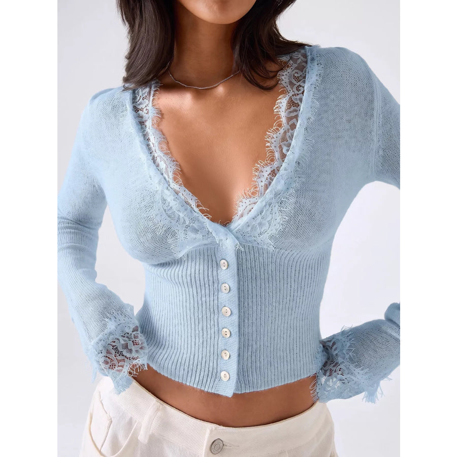Lace-Trimmed V-Neck Button-Down Cardigan Blue / S Apparel and Accessories