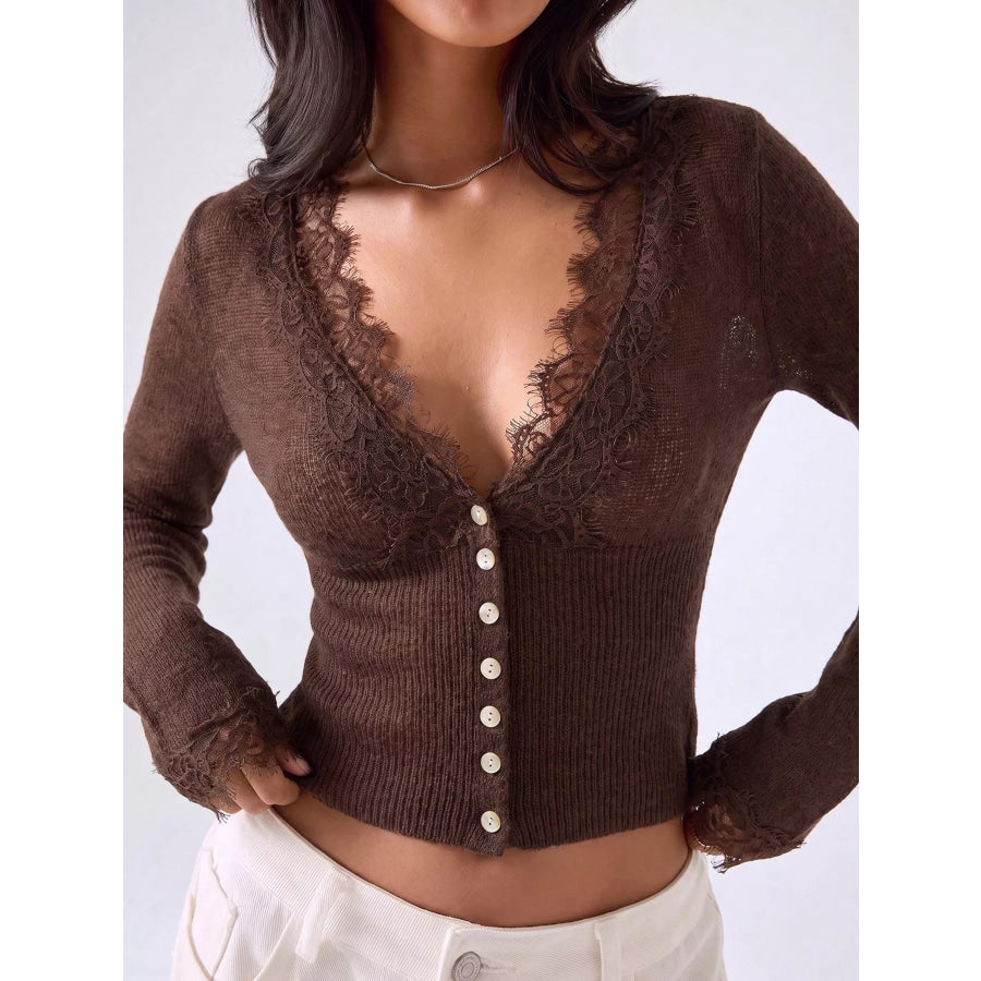 Lace-Trimmed V-Neck Button-Down Cardigan Chocolate / S Apparel and Accessories