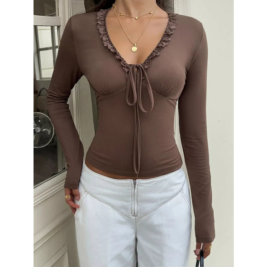 Lace-Trimmed V-Neck Long Sleeve T-Shirt Apparel and Accessories