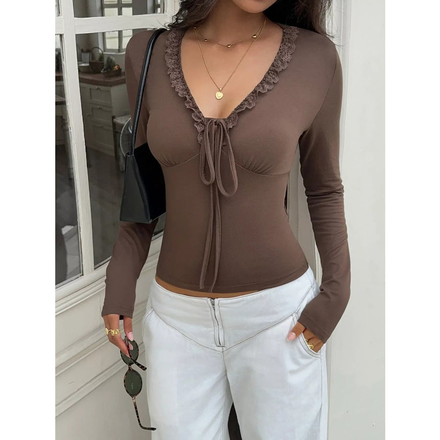 Lace-Trimmed V-Neck Long Sleeve T-Shirt Apparel and Accessories