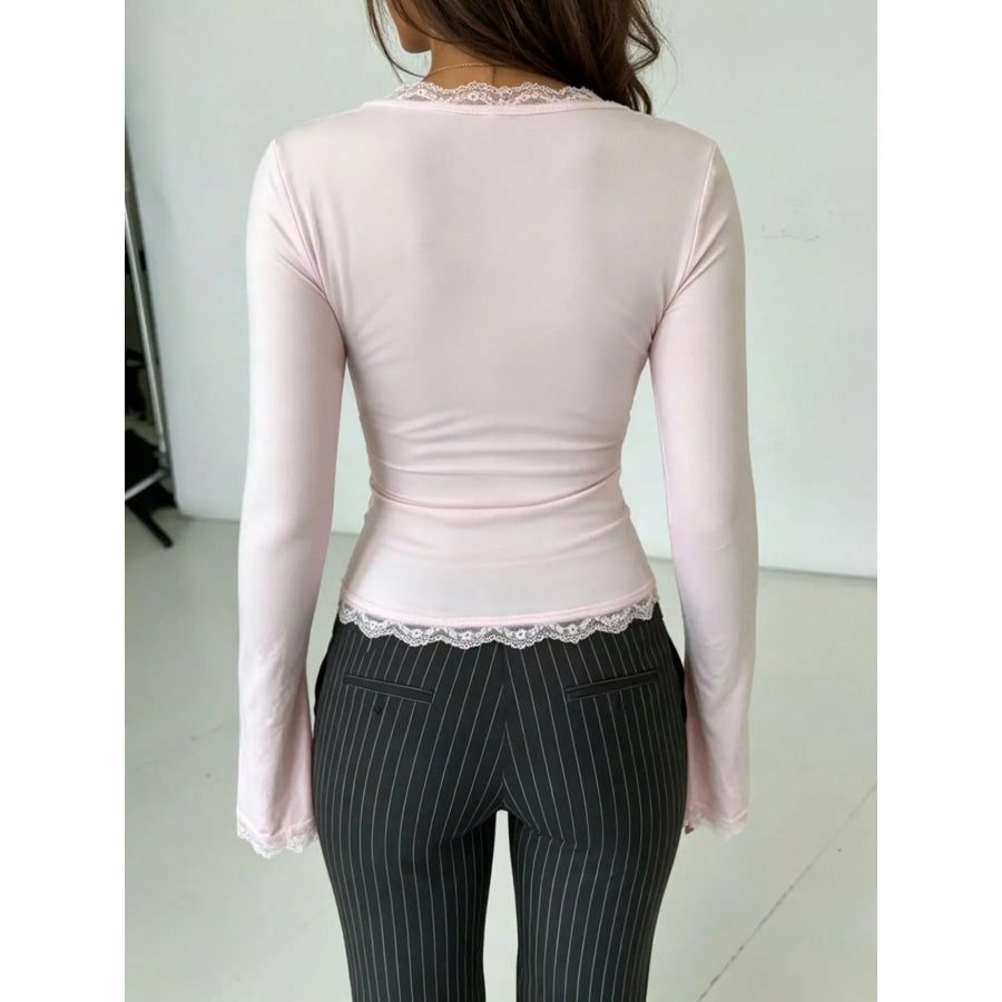 Lace-Trimmed V-Neck Long Sleeve T-Shirt Apparel and Accessories