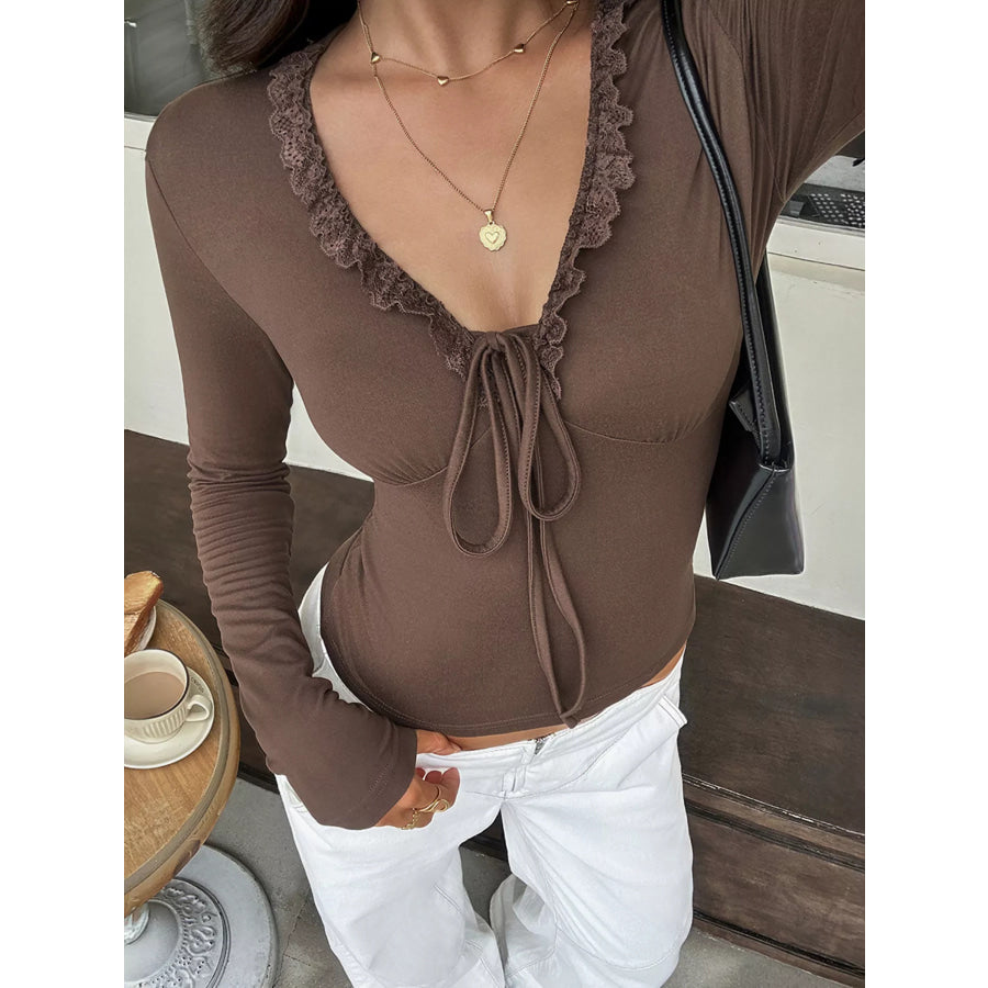 Lace-Trimmed V-Neck Long Sleeve T-Shirt Brown / S Apparel and Accessories
