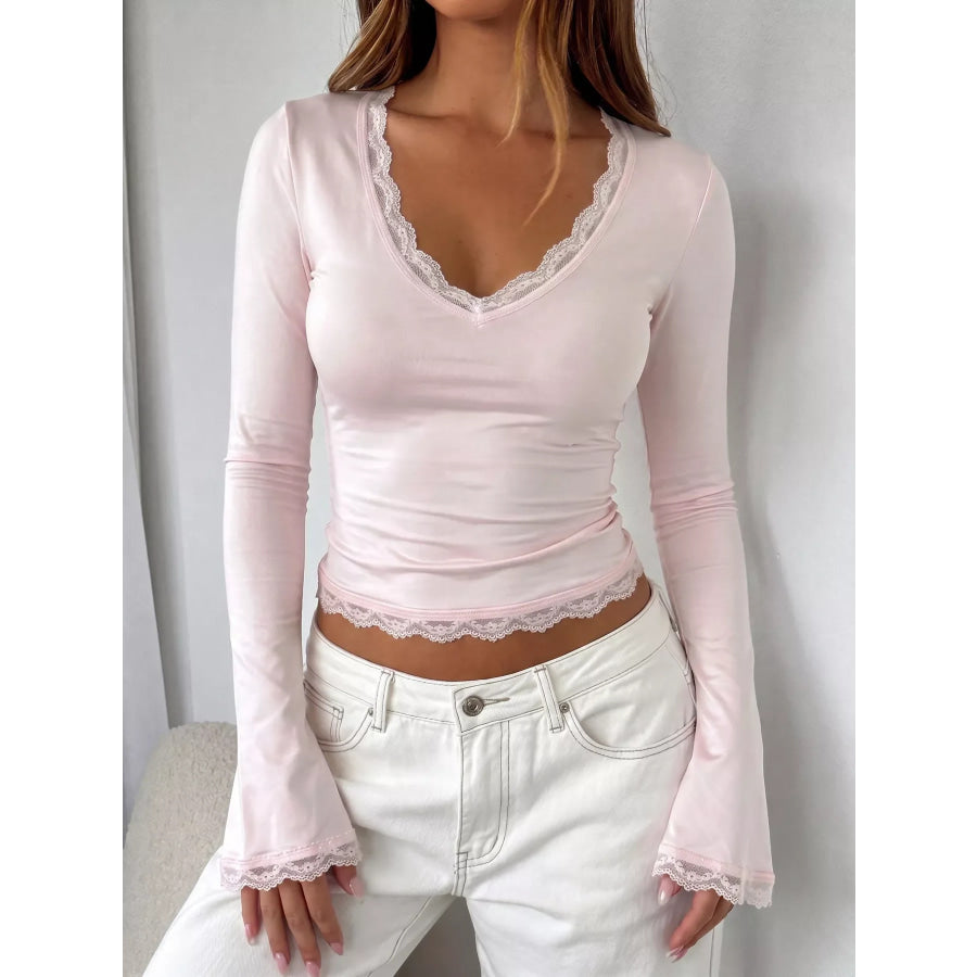 Lace-Trimmed V-Neck Long Sleeve T-Shirt Pink / S Apparel and Accessories