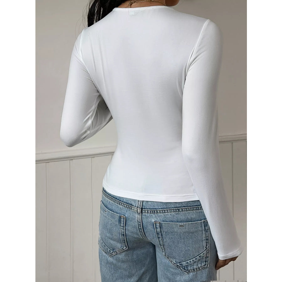 Lace-Trimmed V-Neck Tie-Front Long Sleeve T-Shirt Apparel and Accessories