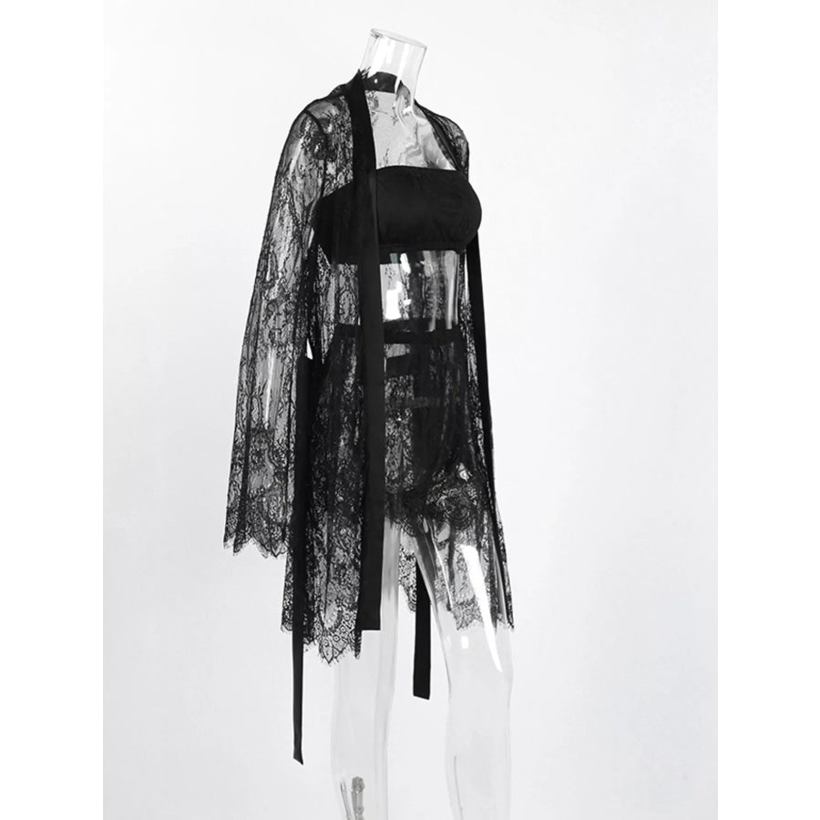 Lace Tube Top & Cardigan and Shorts Three-Piece Lounge Set Apparel and Accessories
