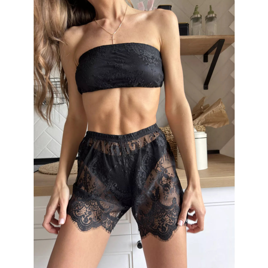Lace Tube Top & Cardigan and Shorts Three-Piece Lounge Set Apparel and Accessories