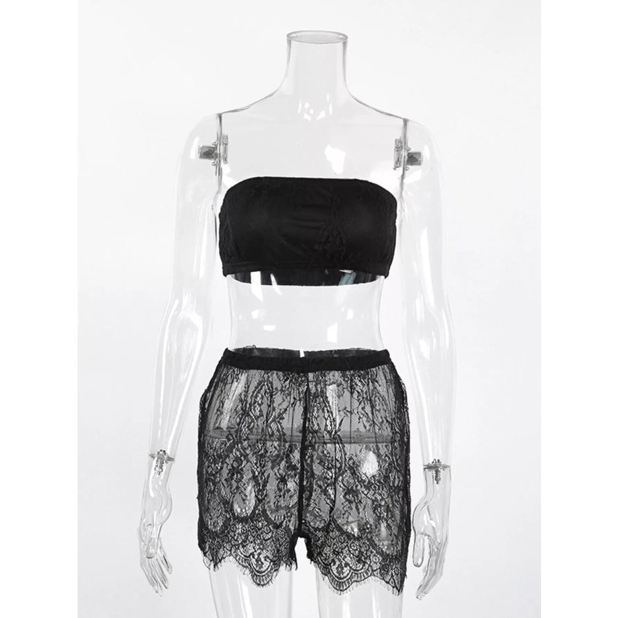 Lace Tube Top & Cardigan and Shorts Three-Piece Lounge Set Apparel and Accessories