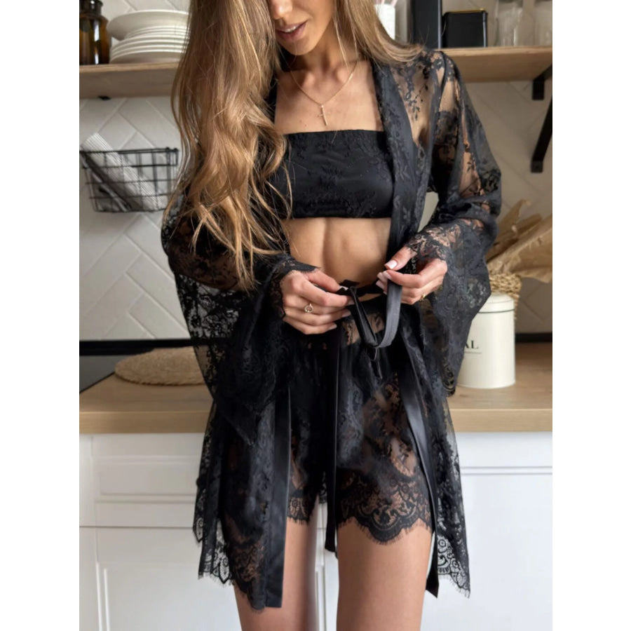 Lace Tube Top & Cardigan and Shorts Three-Piece Lounge Set Apparel and Accessories