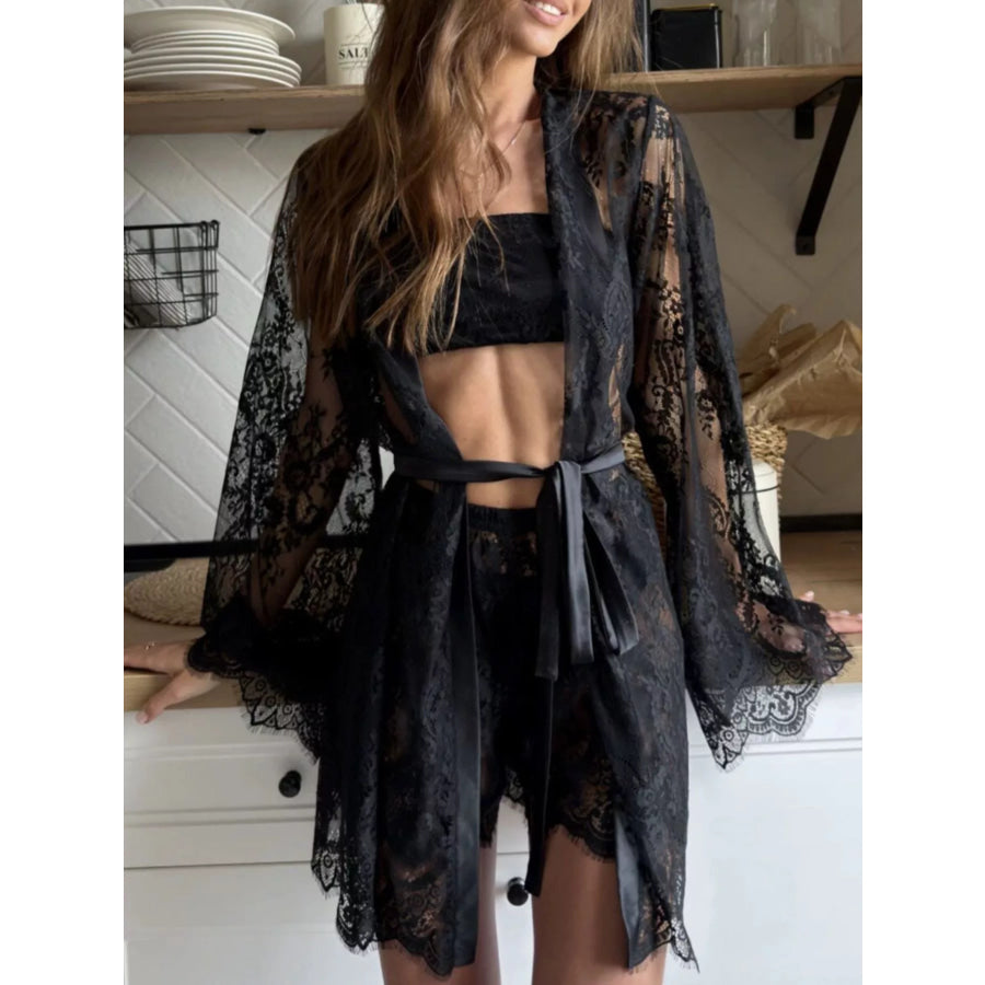 Lace Tube Top & Cardigan and Shorts Three-Piece Lounge Set Black / S Apparel and Accessories