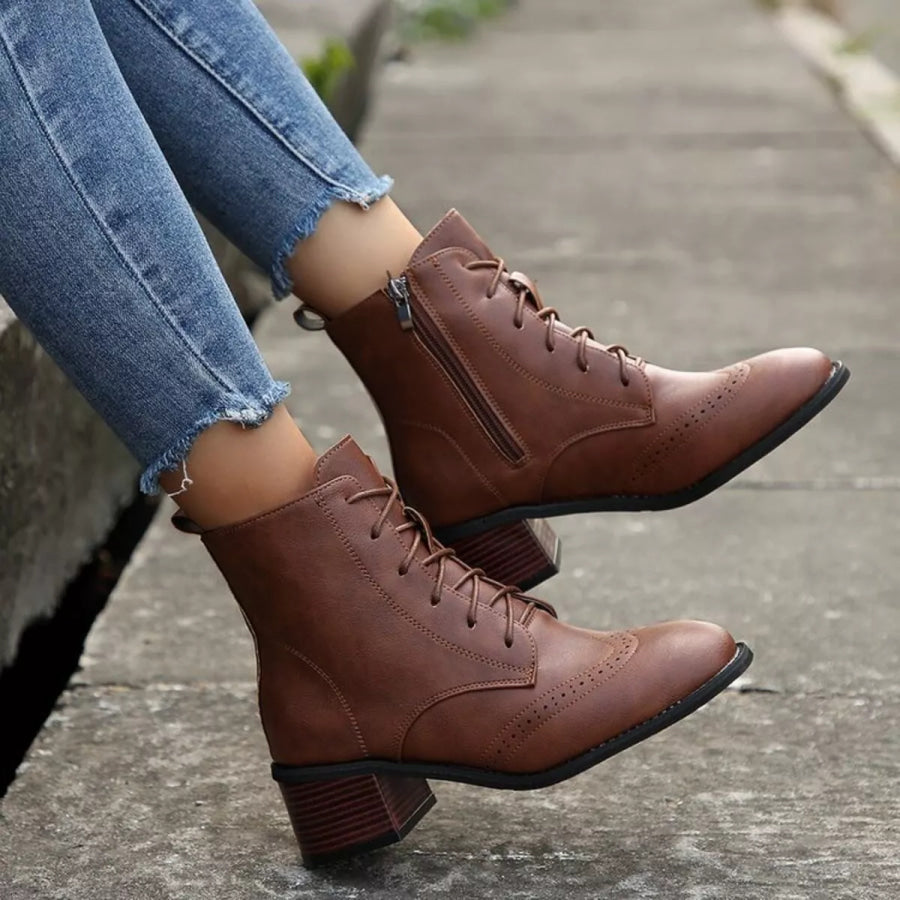 Lace-Up Ankle Boots with Zipper Dark Brown / 35 Apparel and Accessories