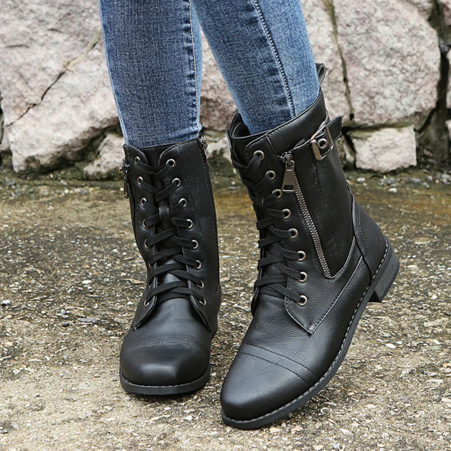 Lace-Up Ankle Boots with Zipper Detail Black / 35 Apparel and Accessories