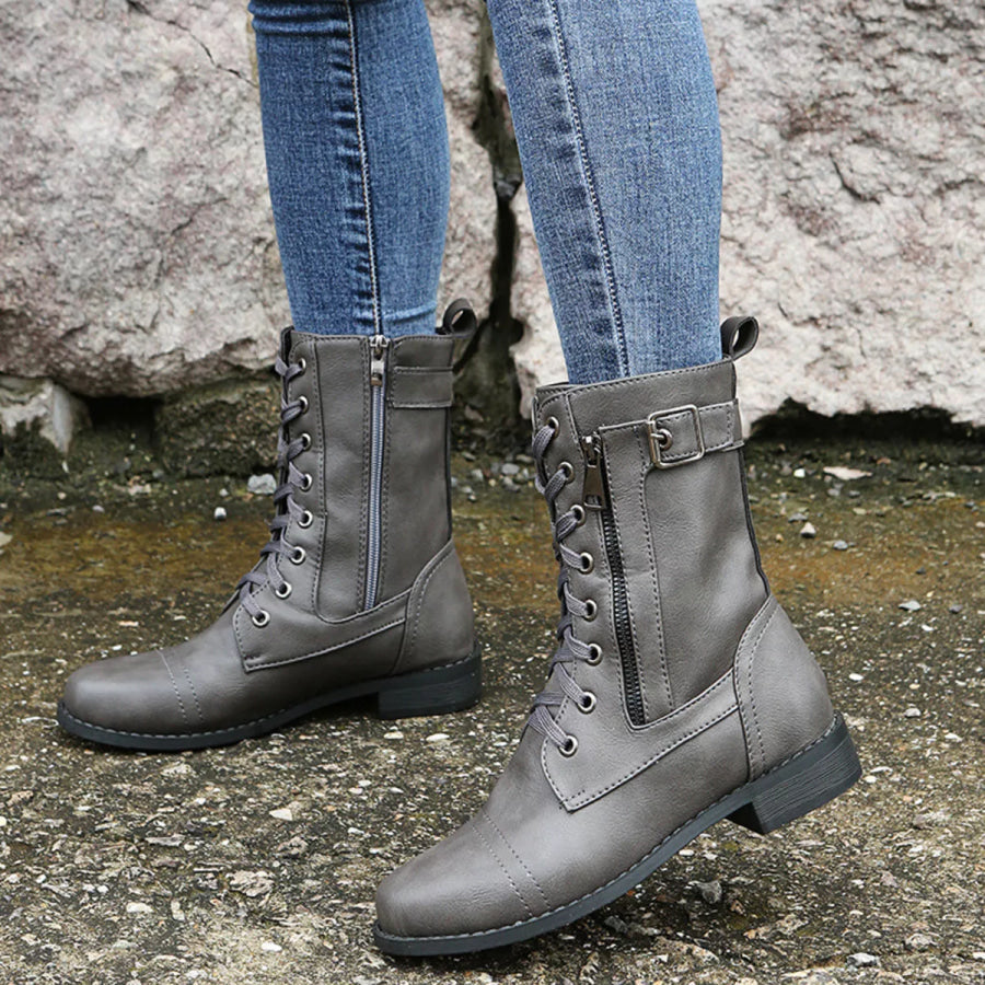 Lace-Up Ankle Boots with Zipper Detail Gray / 35 Apparel and Accessories