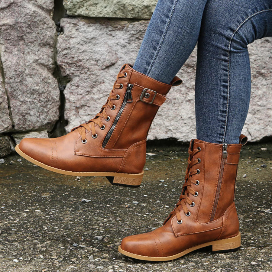 Lace-Up Ankle Boots with Zipper Detail Light Brown / 35 Apparel and Accessories