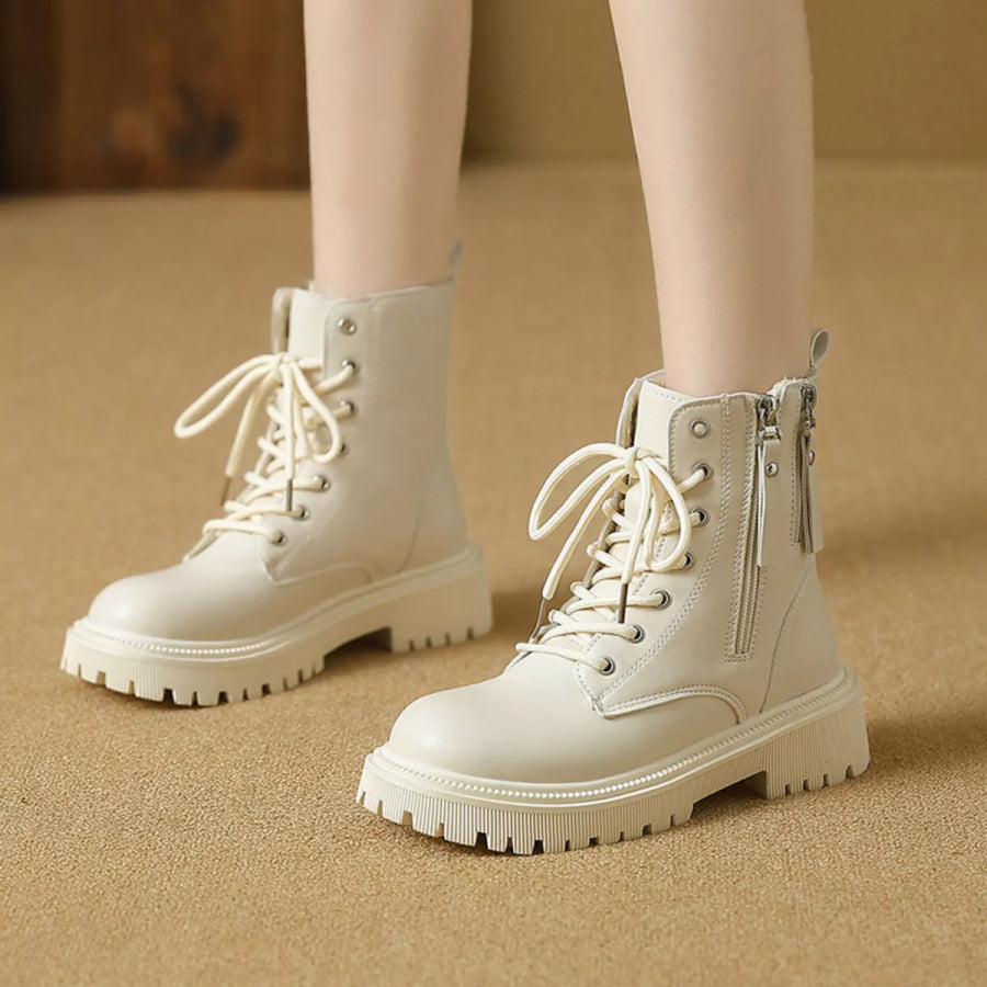 Lace-Up Ankle Combat Boots Beige / 35 Apparel and Accessories