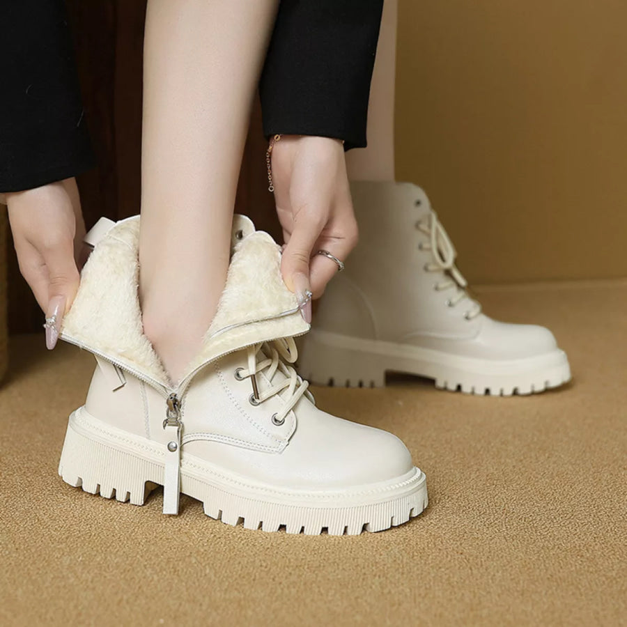 Lace-Up Ankle Combat Boots Beige Fleece / 35 Apparel and Accessories