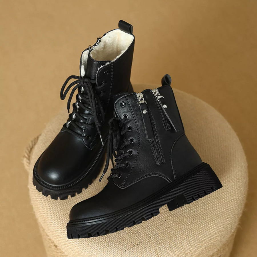 Lace-Up Ankle Combat Boots Black Fleece / 35 Apparel and Accessories