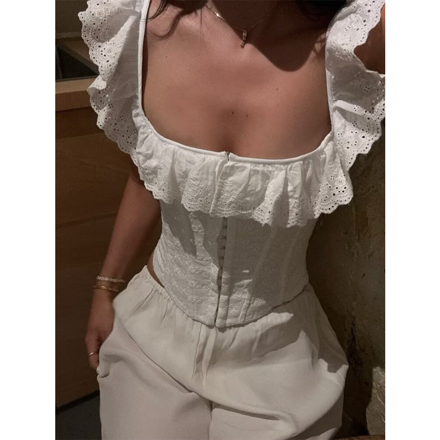 Lace Up Back Eyelet Ruffle Trim Tank Apparel and Accessories