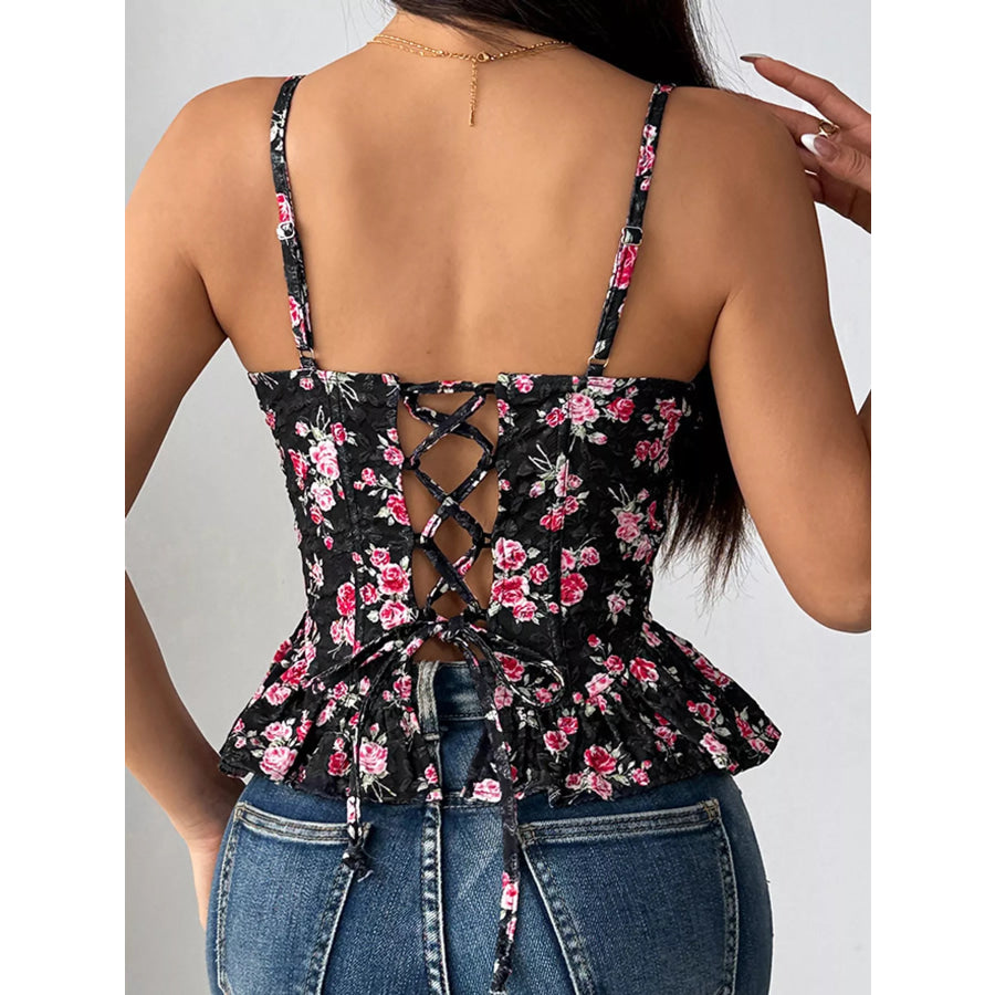 Lace Up Back Floral Print Cami Apparel and Accessories