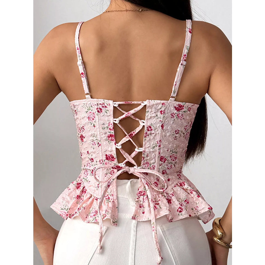 Lace Up Back Floral Print Cami Apparel and Accessories