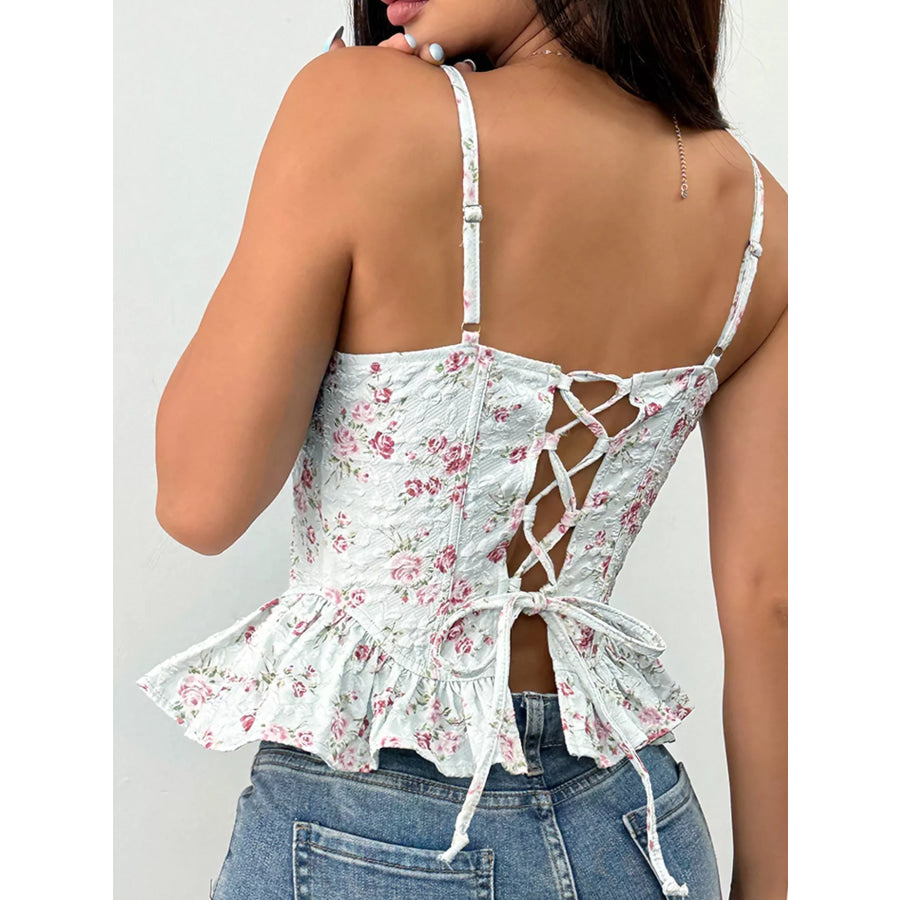 Lace Up Back Floral Print Cami Apparel and Accessories
