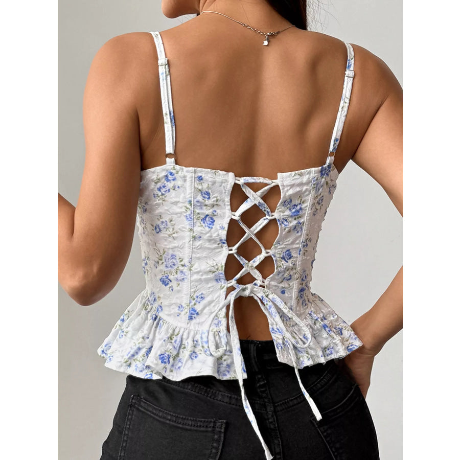 Lace Up Back Floral Print Cami Apparel and Accessories