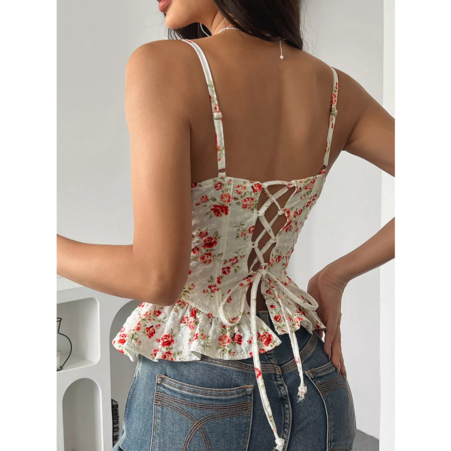 Lace Up Back Floral Print Cami Apparel and Accessories