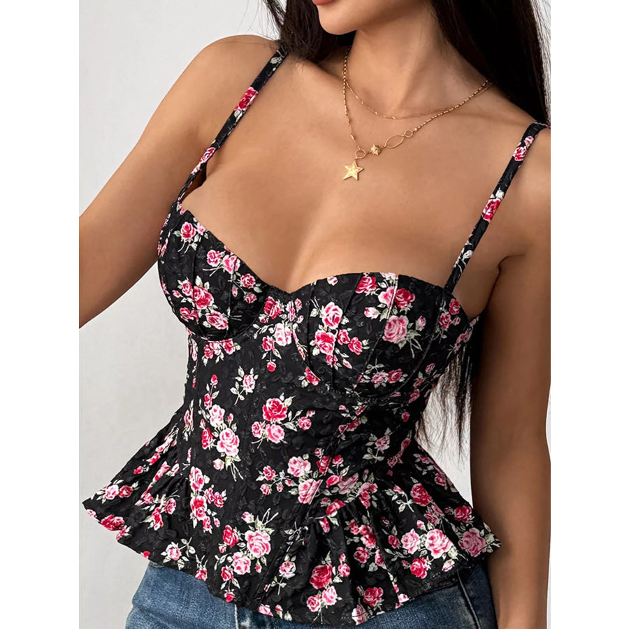 Lace Up Back Floral Print Cami Black / S Apparel and Accessories