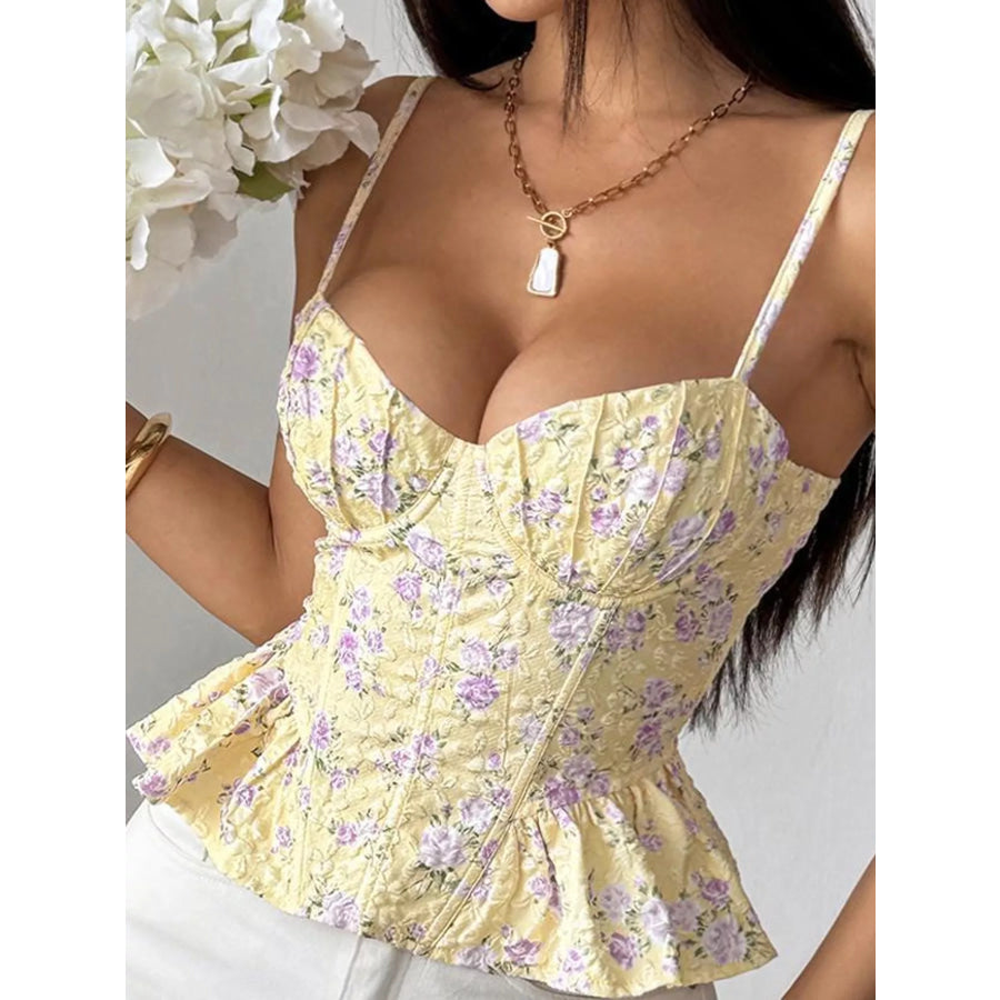 Lace Up Back Floral Print Cami Yellow / S Apparel and Accessories