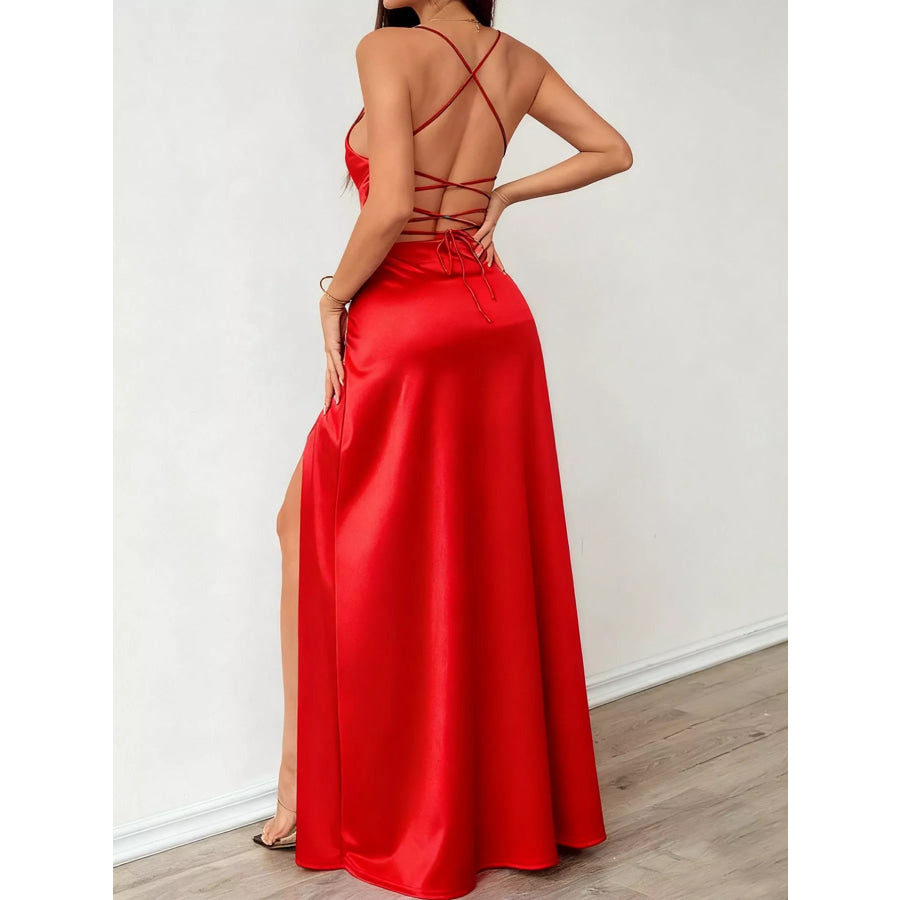 Lace Up Back Slit Maxi Dress Apparel and Accessories