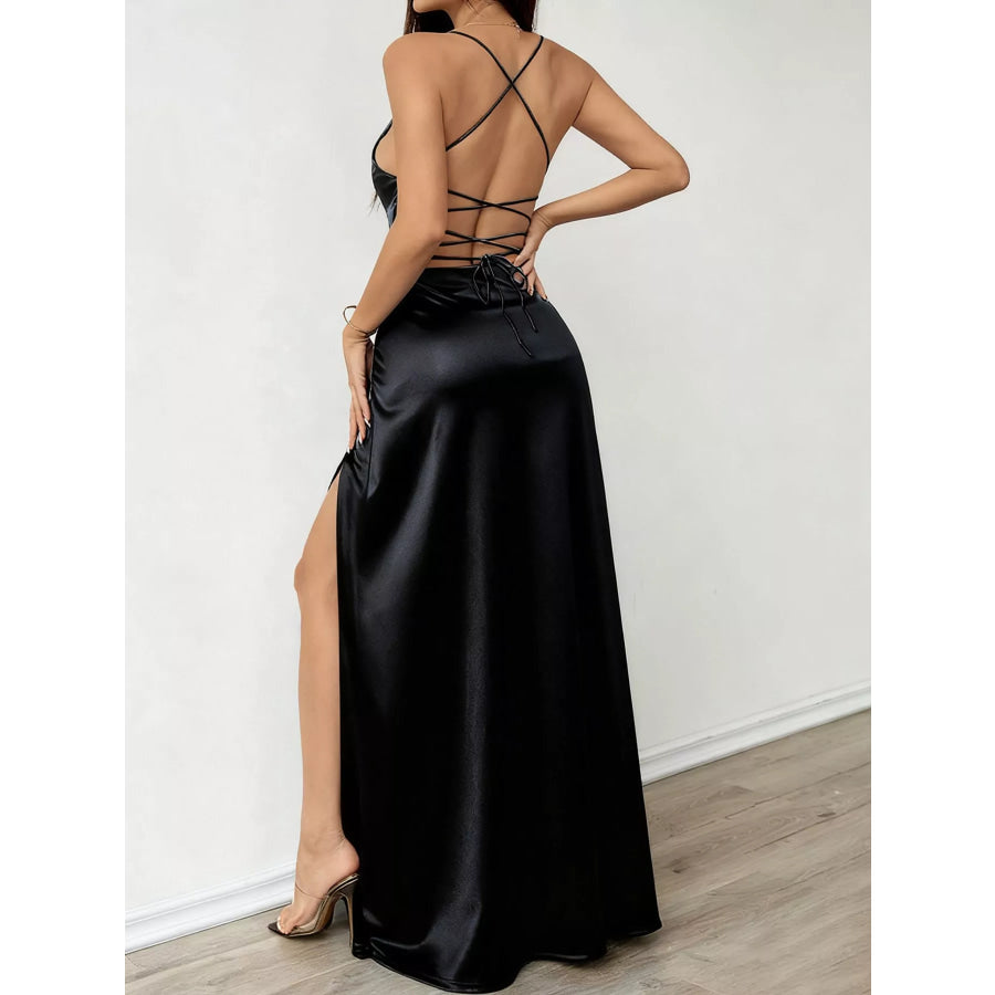 Lace Up Back Slit Maxi Dress Apparel and Accessories