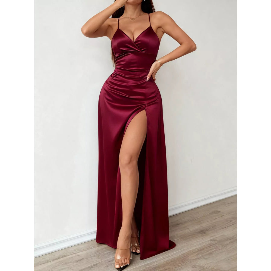 Lace Up Back Slit Maxi Dress Apparel and Accessories