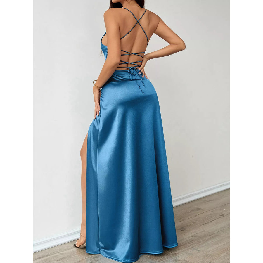 Lace Up Back Slit Maxi Dress Apparel and Accessories