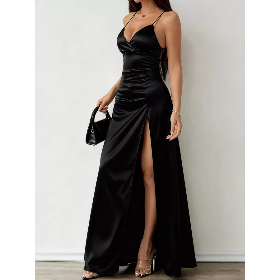 Lace Up Back Slit Maxi Dress Apparel and Accessories