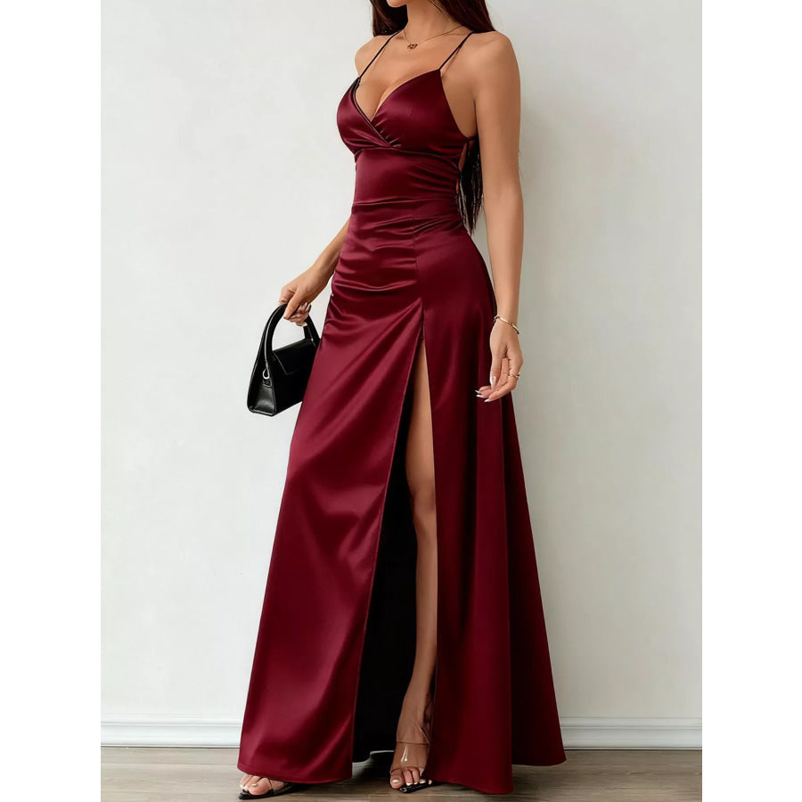 Lace Up Back Slit Maxi Dress Apparel and Accessories