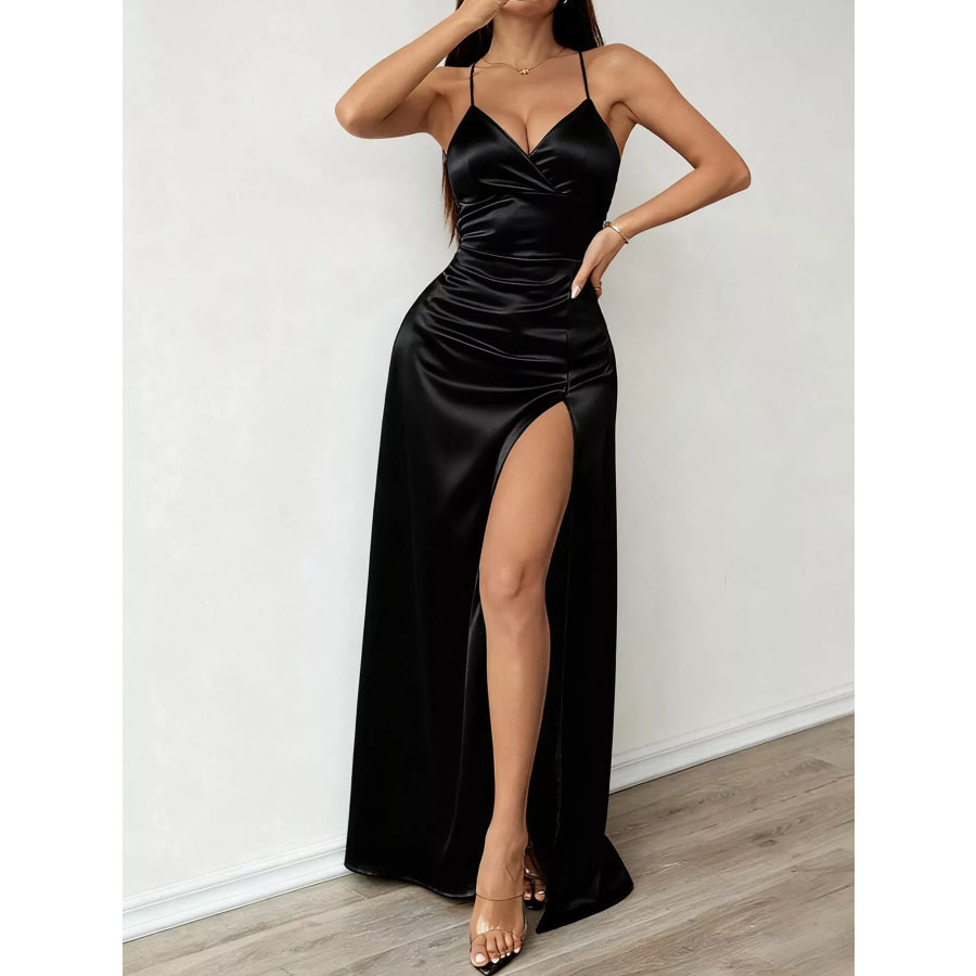 Lace Up Back Slit Maxi Dress Apparel and Accessories