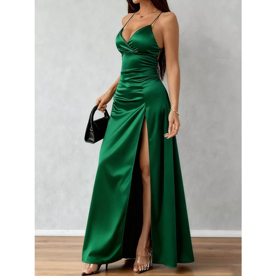 Lace Up Back Slit Maxi Dress Apparel and Accessories