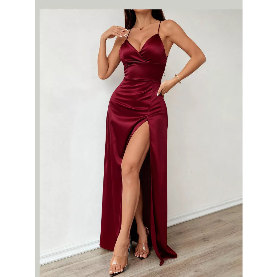 Lace Up Back Slit Maxi Dress Apparel and Accessories