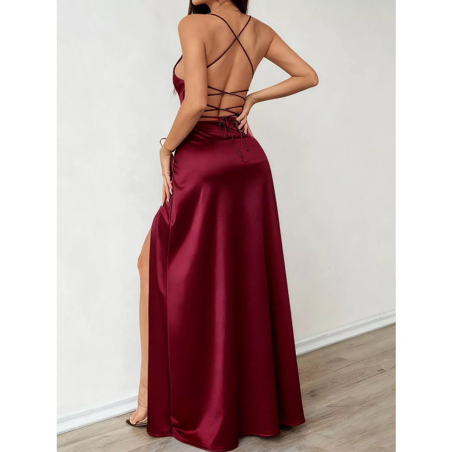 Lace Up Back Slit Maxi Dress Apparel and Accessories