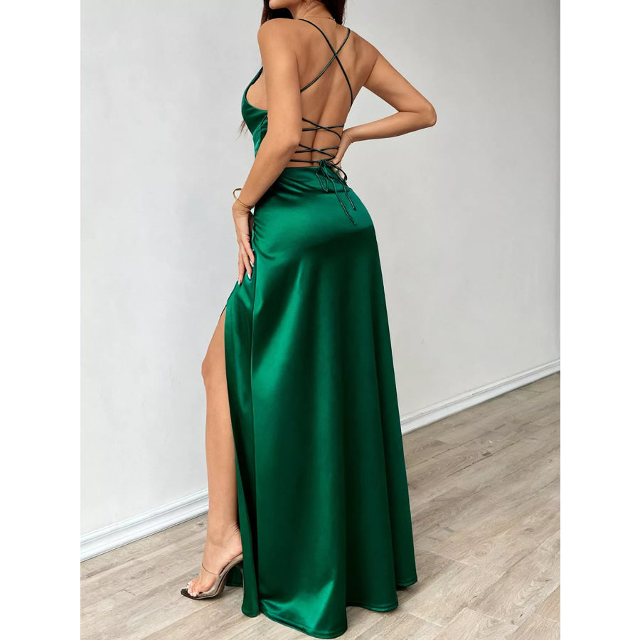 Lace Up Back Slit Maxi Dress Apparel and Accessories