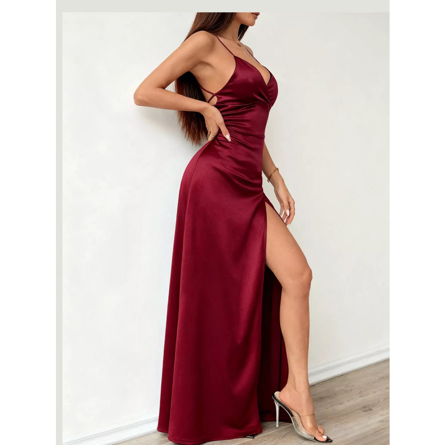 Lace Up Back Slit Maxi Dress Apparel and Accessories