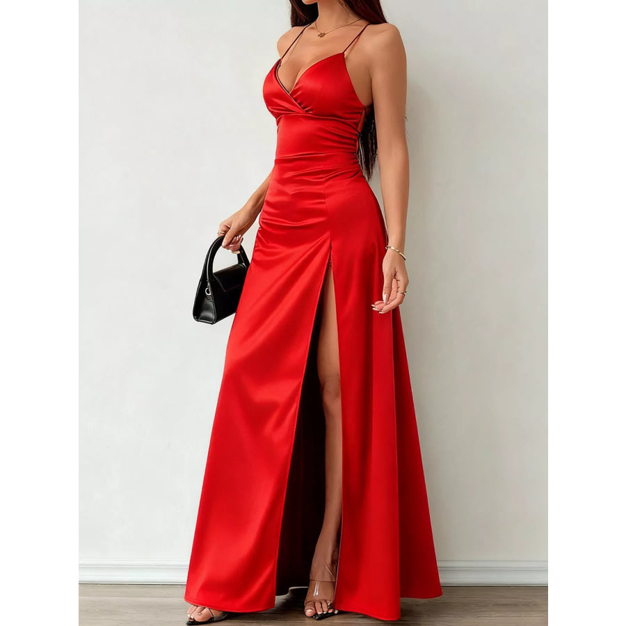 Lace Up Back Slit Maxi Dress Apparel and Accessories