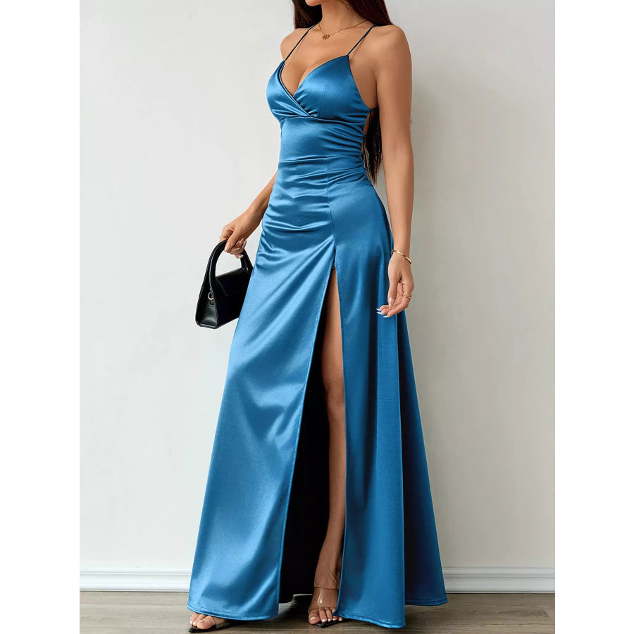 Lace Up Back Slit Maxi Dress Apparel and Accessories