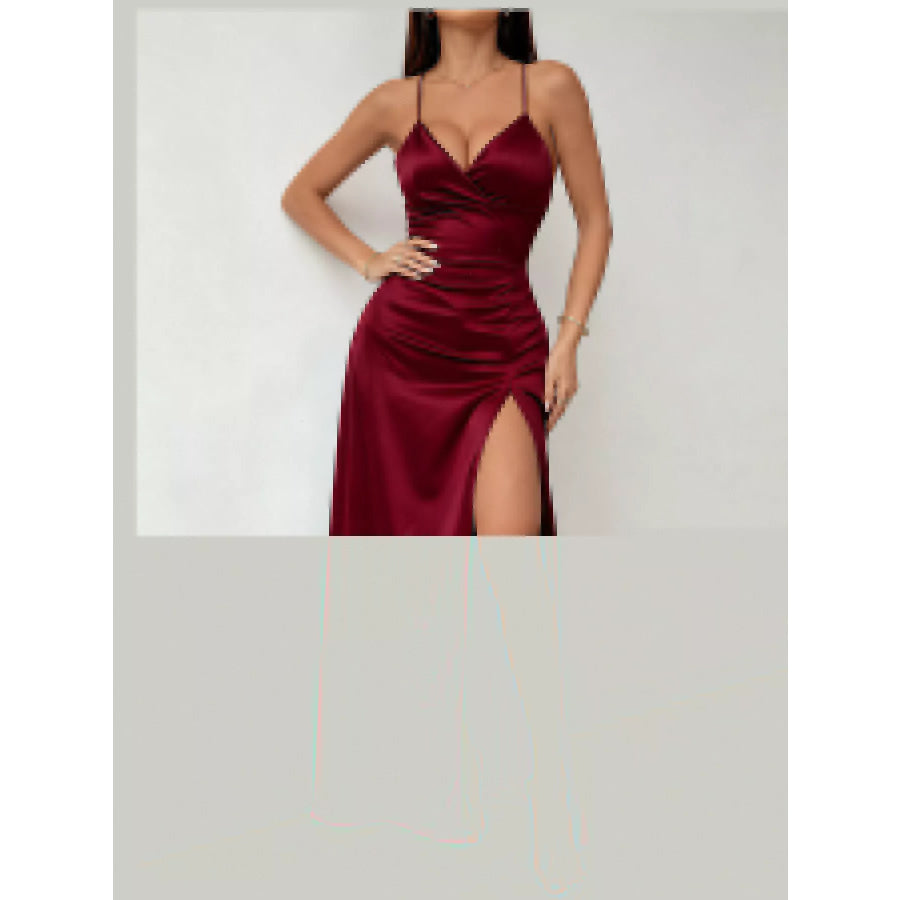 Lace Up Back Slit Maxi Dress Burgundy / XS Apparel and Accessories