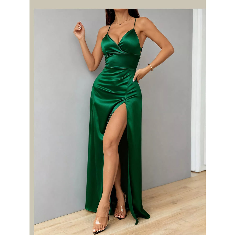 Lace Up Back Slit Maxi Dress Green / XS Apparel and Accessories