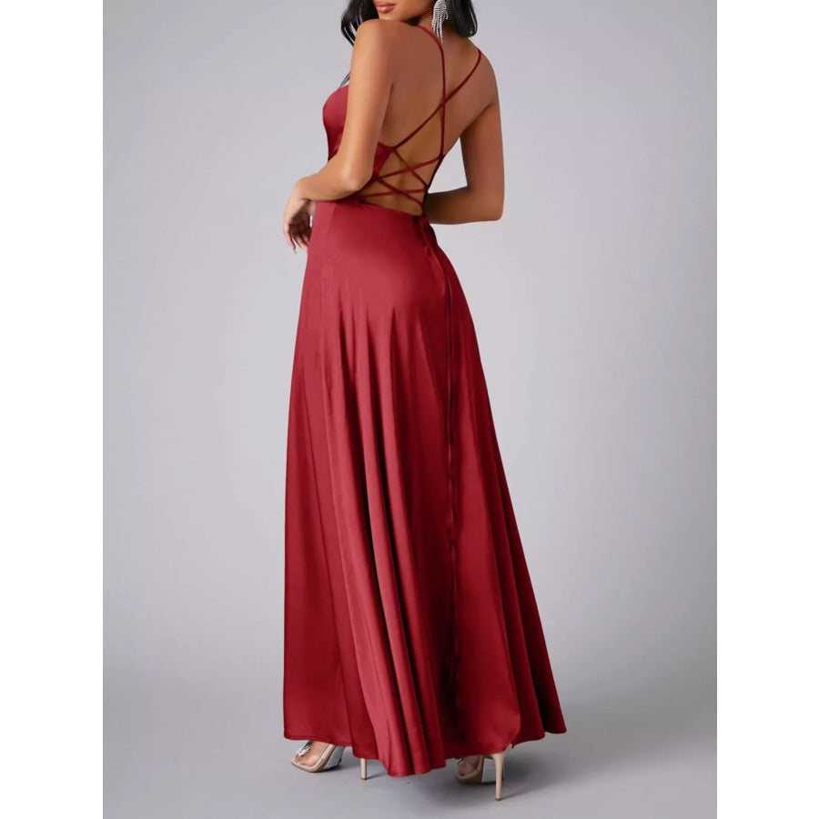 Lace Up Back Split Maxi Dress Apparel and Accessories